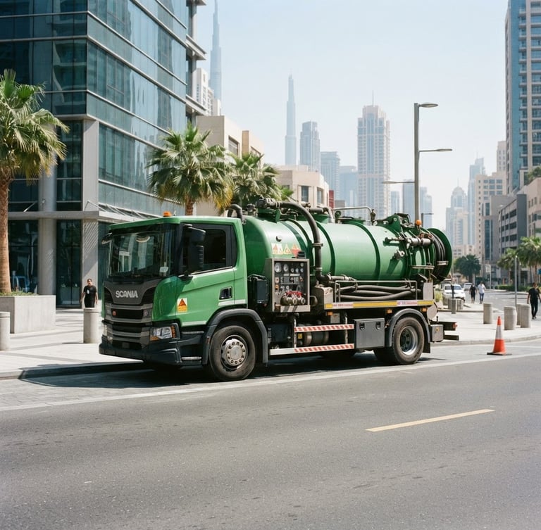 Wide environmental shot of a modern green and gray vacuum tanker truck parked on a clean Dubai street, bright direct sunlight, professional equipment, 35mm