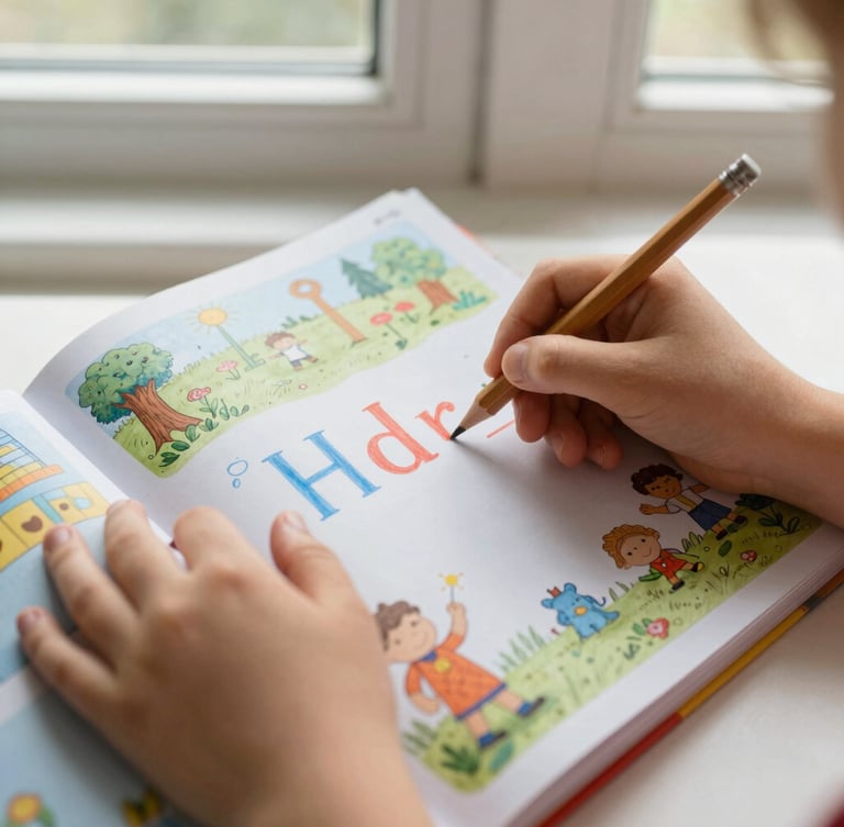 Overhead flatlay of a child's hands holding a thick wooden pencil, tracing letters in an open illustrated workbook, warm natural window light.