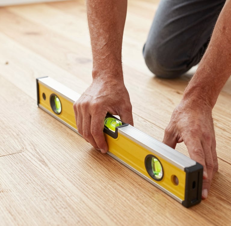 Close-up of a craftsman's hands using a level on a freshly installed hardwood floor, bright natural work light, sharp focus on the level's bubble, clean wood grain.