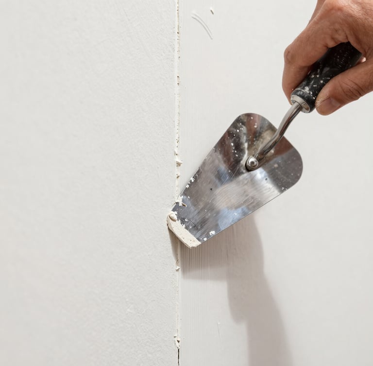 Crisp close-up of a hand using a drywall trowel to apply joint compound over a seam, bright work light, sharp focus on the smooth texture