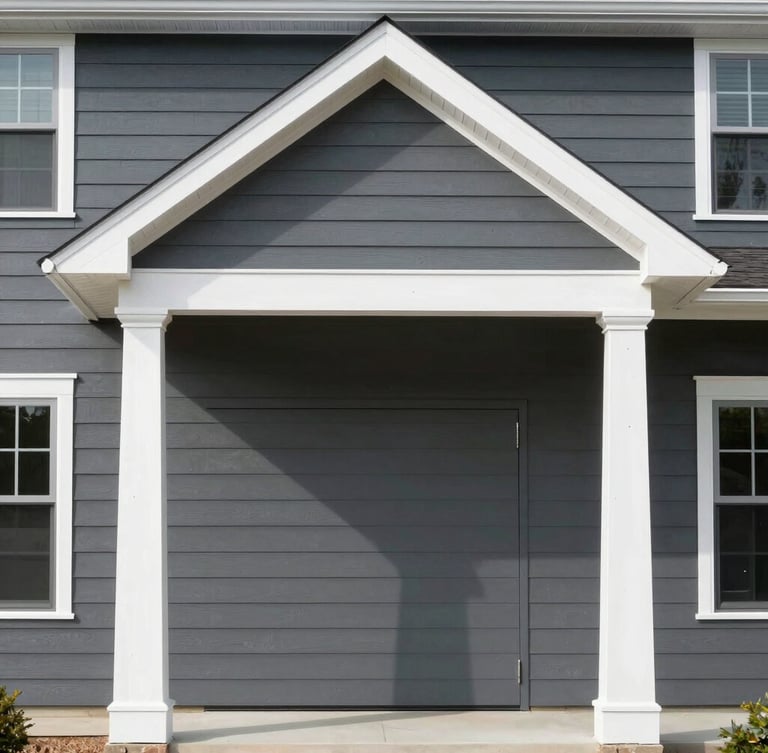 Straight-on architectural shot of a freshly painted charcoal gray home exterior, crisp white trim, bright natural Missouri daylight, clean lines