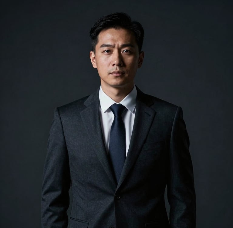 Low-key portrait of an elite defense attorney in a dark tailored suit, sharp directional lighting, deep shadows, dark charcoal background, dramatic editorial, 35mm