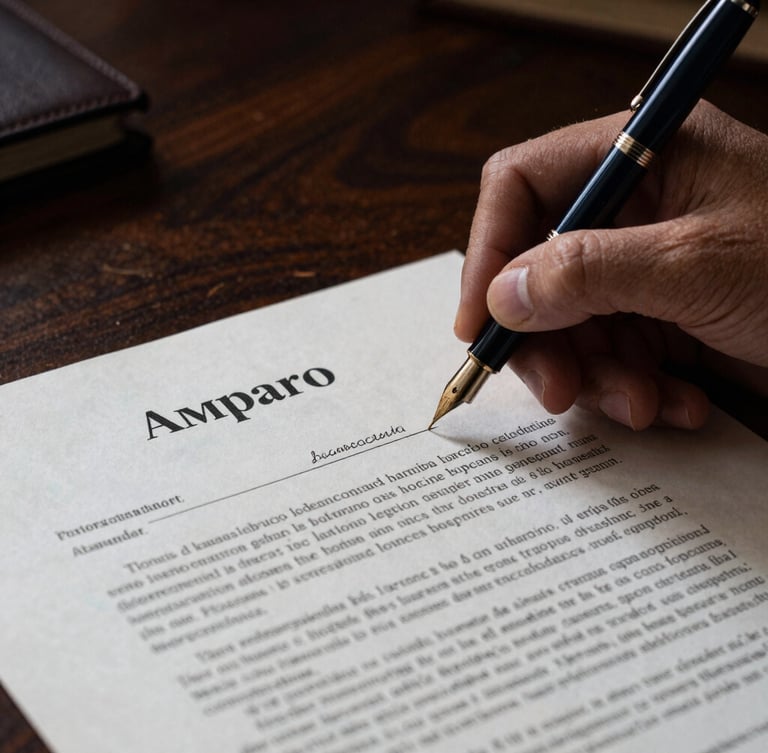 Sharp close-up of a fountain pen signing a critical constitutional Amparo document on a heavy dark oak desk, dramatic low-key lighting, platinum-gold reflections, shallow depth of field