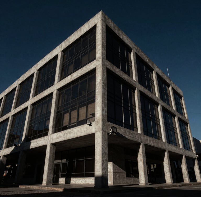 Low-angle architectural photograph of a modern, imposing concrete and glass courthouse in Guanajuato, dramatic shadows, moody lighting, 35mm