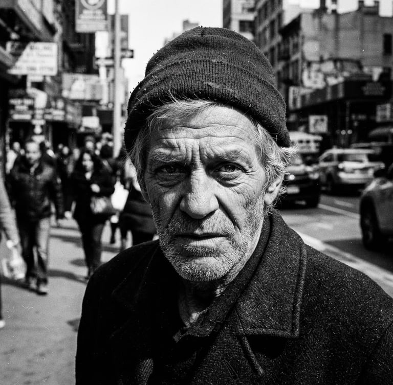 Close-up raw documentary portrait of a person in a harsh daylight urban street setting, high contrast black and white, 35mm film grain.