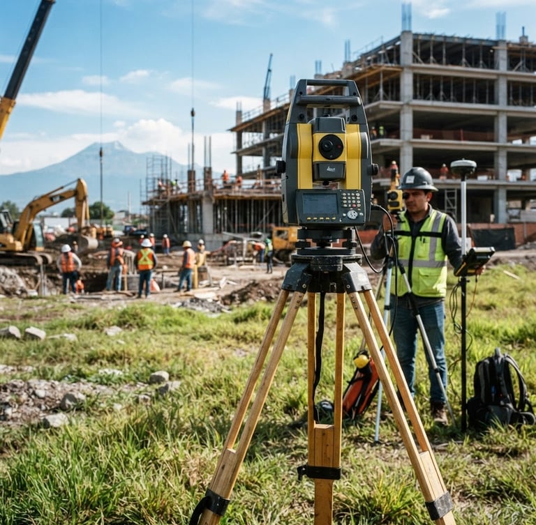High-precision total station surveying equipment set up on a grassy field in Puebla, active construction site in the background under crisp daylight, architectural blueprint overlay, sharp focus