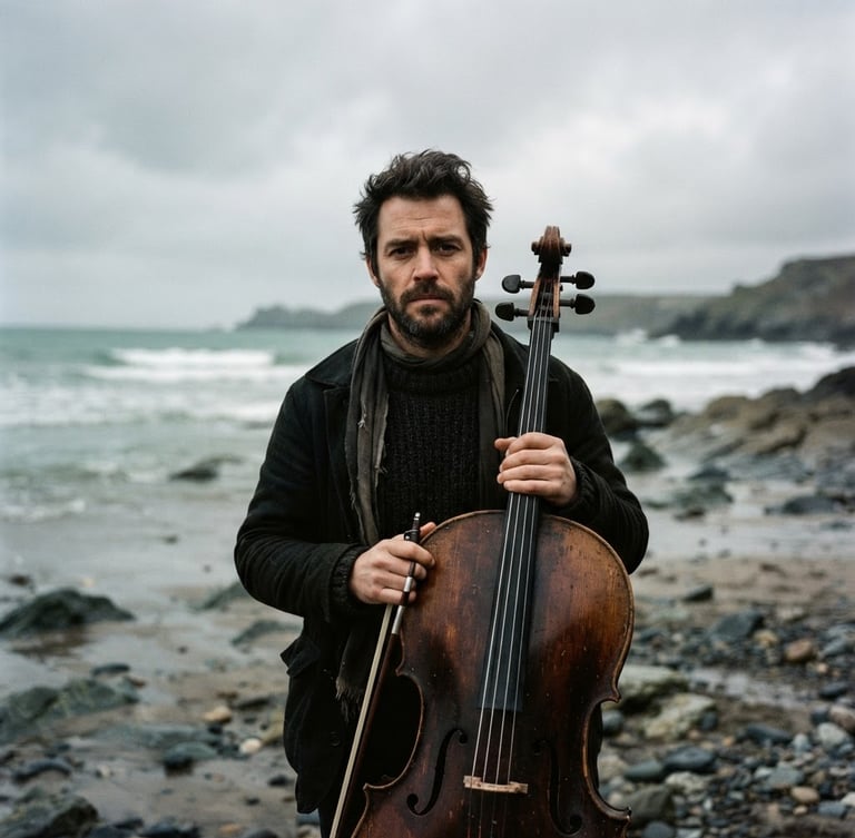 A moody film portrait of Andy Colin Chadwick holding a cello, overcast coastal daylight, desaturated seafoam background, 35mm photography.
