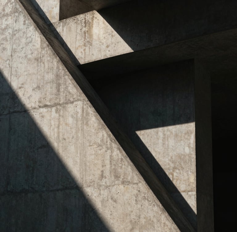 Cinematic close-up of brutalist concrete architecture, sharp diagonal shadows, high-contrast morning sun, muted atmospheric tones