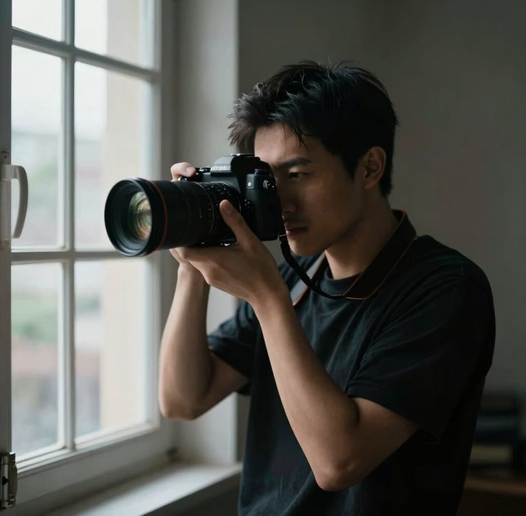 High-contrast environmental portrait of a male photographer holding a camera, dramatic window light, deep shadows, cinematic 35mm lens
