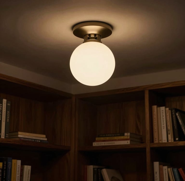 A single globe flush mount ceiling lamp illuminating a cozy reading nook, casting a soft, warm glow on a dark oak bookshelf, low-key side lighting.