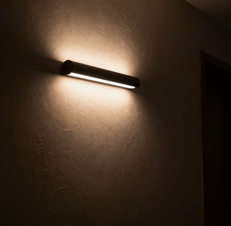 A minimalist hallway with a curved tube wall light fixture casting a warm, dramatic glow on a textured plaster wall, deep shadows, moody editorial photography.