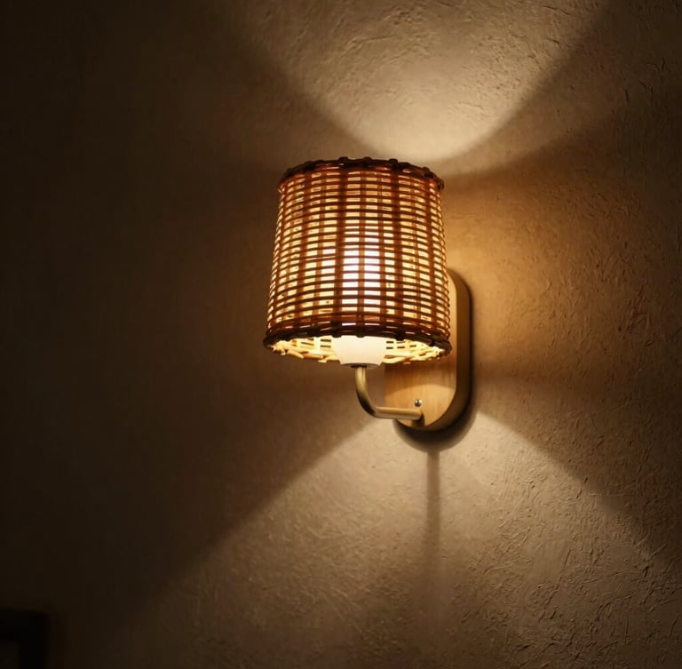 Moody editorial close-up of a curved tube wall sconce with a hand-woven rattan shade, warm low-key side lighting casting dramatic geometric shadows on a textured plaster wall, 50mm lens, shallow depth of field