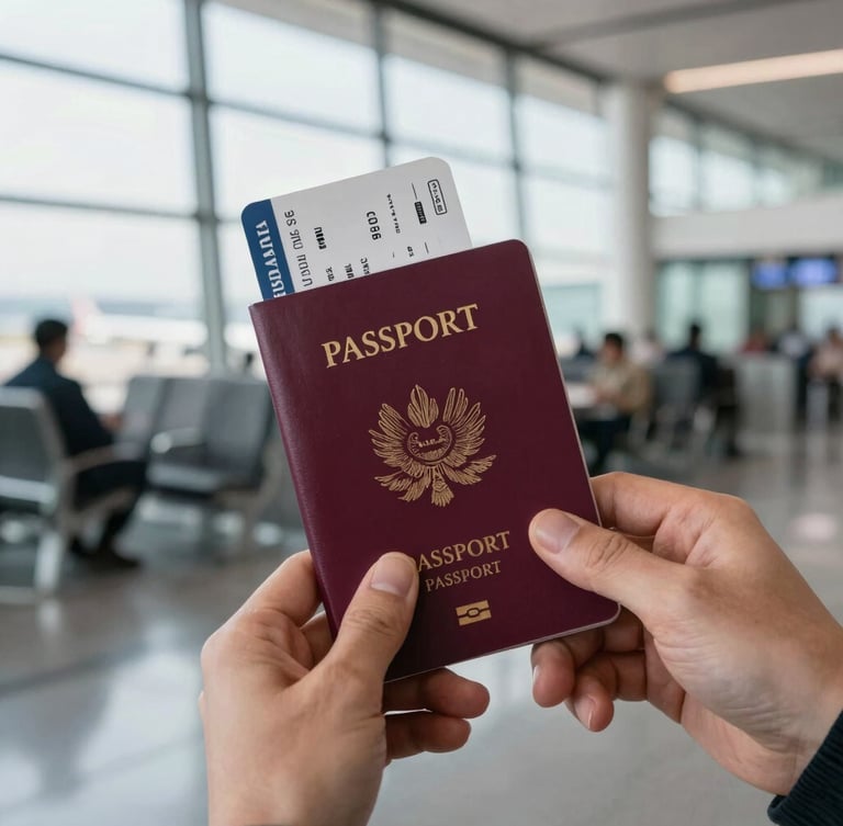 Close-up of a traveler holding a passport with a boarding pass inside a clean airport terminal, soft morning light coming through high windows