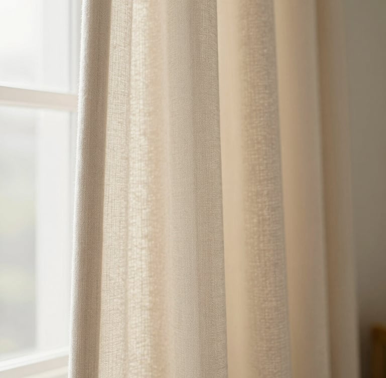 Close-up of light-filtering rod pocket curtains hanging in morning window light, soft shadow, warm cream and oatmeal tones, shallow depth of field, 35mm