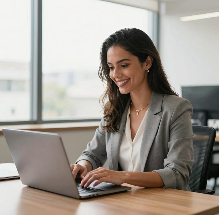 Medium shot of a Brazilian female entrepreneur smiling, working on a laptop in a bright, modern office with natural daylight coming from a large window.