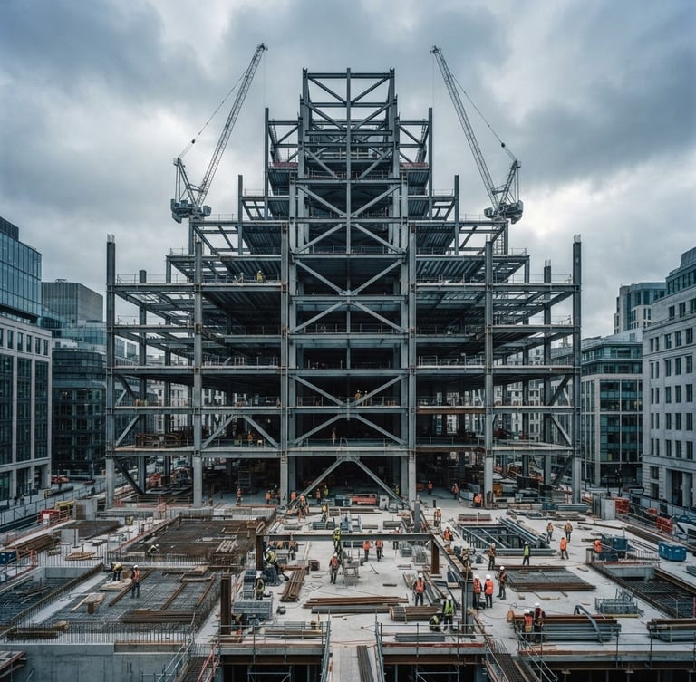 Symmetrical wide-angle perspective of an active, clean corporate construction site, steel framing against an overcast morning sky, desaturated cool tones, sober architectural style, 35mm