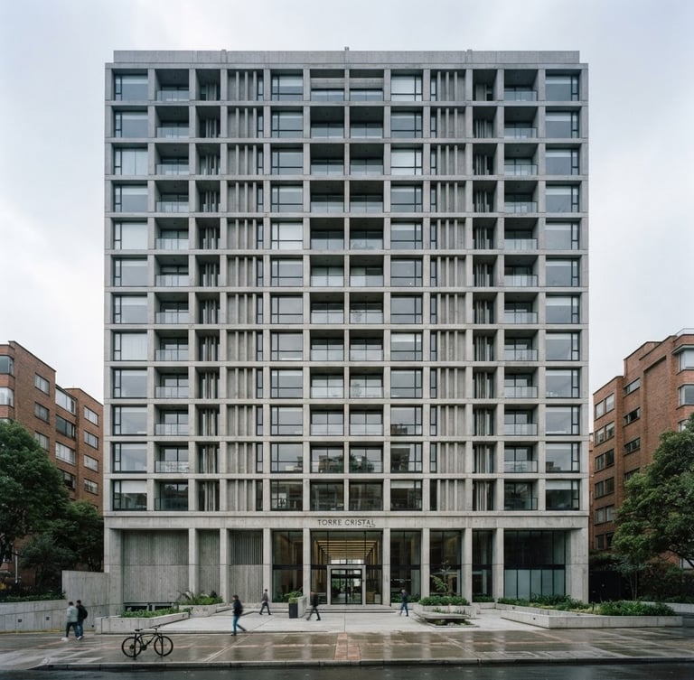 Sober architectural elevation of a modern concrete office building in Bogotá, crisp overcast daylight, desaturated cool tones, symmetrical perspective, 35mm