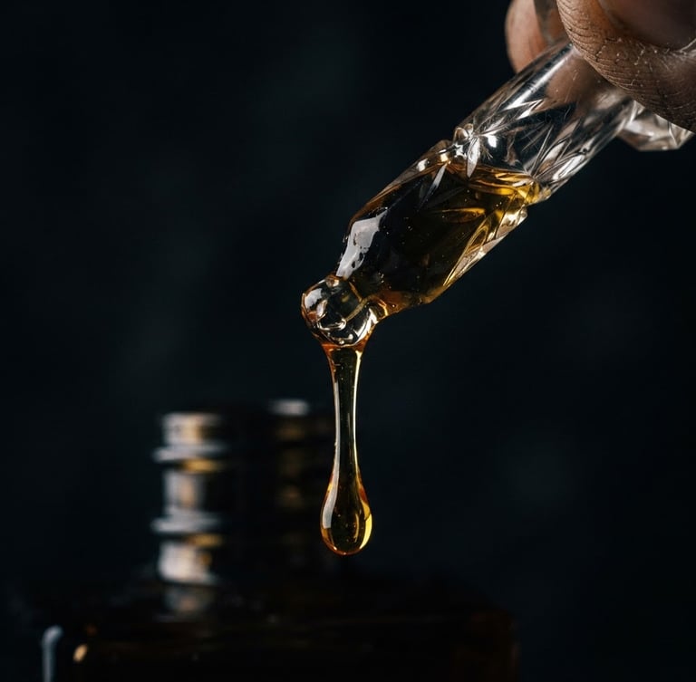 Extreme macro of thick golden attar oil slowly dripping from a hand-cut crystal pipette, dramatic chiaroscuro side-lighting, deep shadows