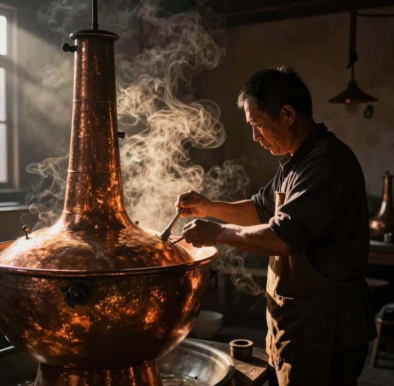 A master craftsman tending to traditional large copper deg-bhap distillation vessels in a dim, atmospheric workshop, warm golden steam rising, deep shadows