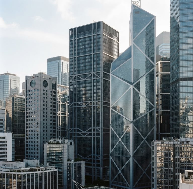 Sharp architectural crop of Hong Kong's financial district on the right, towering skyscrapers, bright natural daylight, cool slate and navy tones, 35mm.