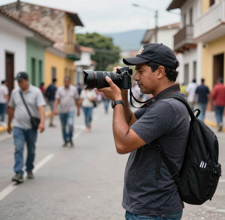 A professional photojournalist holding a camera, standing in a busy street in Bucaramanga, natural daylight, realistic color tones, sharp focus, 35mm lens, clean documentary style