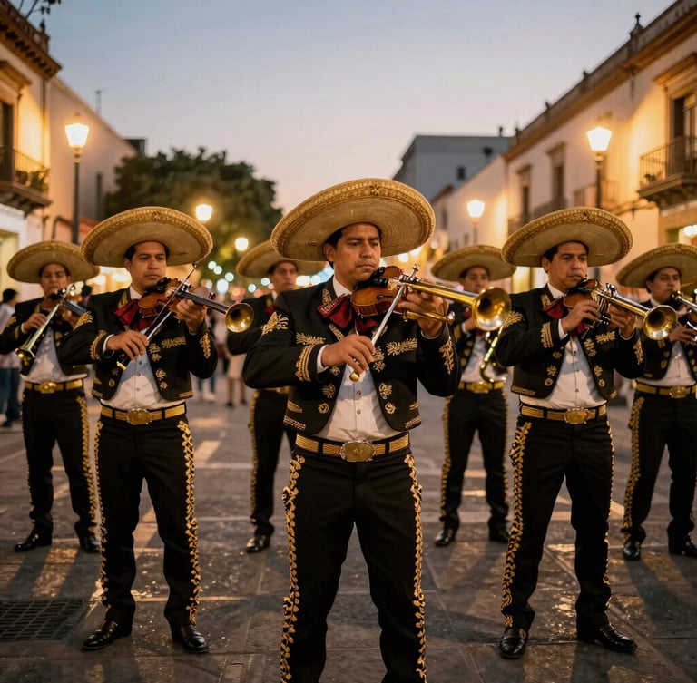 Medium-wide dynamic shot of the full mariachi ensemble standing in Plaza Garibaldi at dusk, wearing immaculate black charro suits with intricate gold embroidery, holding violins and trumpets, warm festive streetlights reflecting off polished instruments, 35mm photography