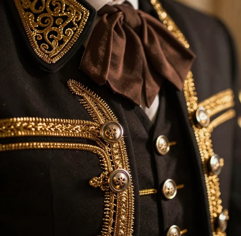 Extreme close-up macro shot of gold metallic embroidery on a black charro suit jacket, warm dramatic lighting highlighting the intricate threads, shallow depth of field, sharp focus on the texture of the fabric and shiny silver buttons, 35mm