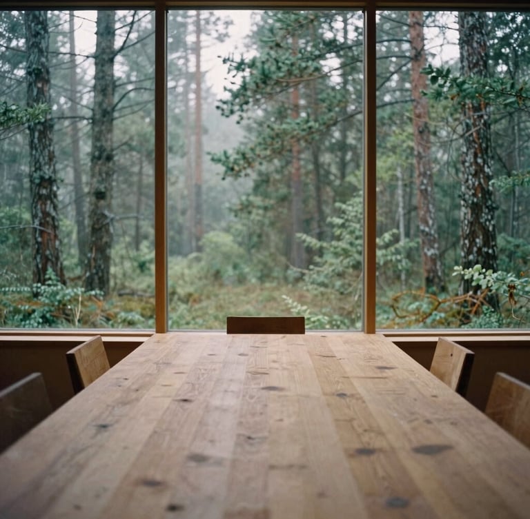 Wide environmental shot of an empty wooden boardroom with large minimalist windows overlooking a misty pine forest, soft diffused overcast daylight, muted forest greens.