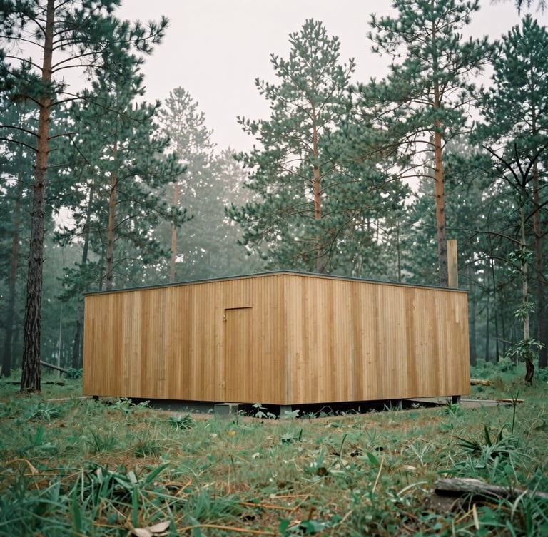 Wide environmental shot of a minimalist wooden architectural sanctuary nestled in a misty pine forest, soft overcast daylight, medium format film style