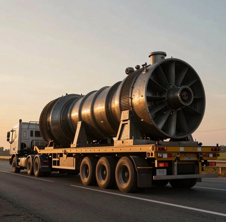 Low-angle wide shot of a massive multi-axle hydraulic trailer carrying a 100-ton industrial turbine on a highway at golden hour, deep steel and amber tones, cinematic industrial photography.