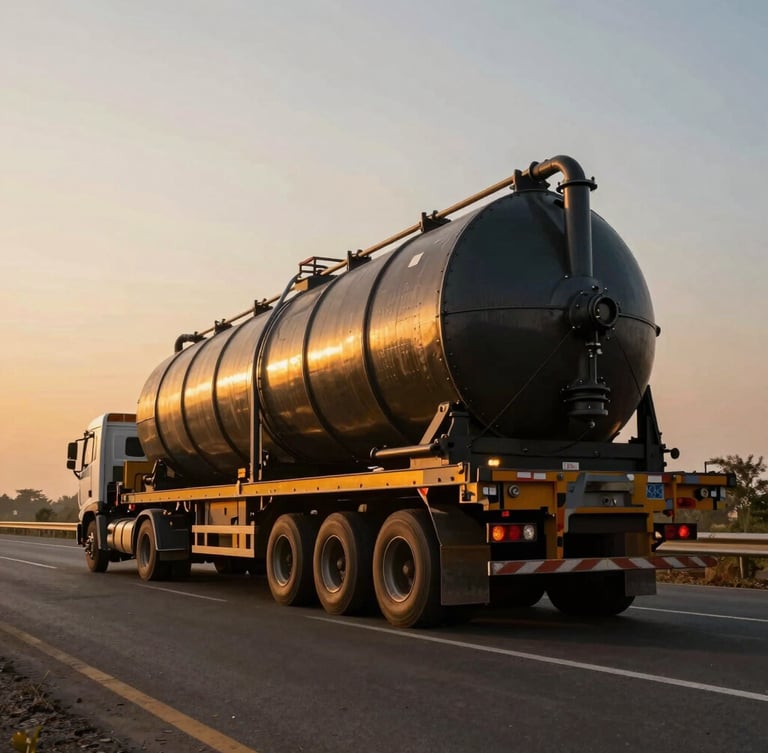 Low-angle wide shot of a massive multi-axle trailer carrying a heavy industrial boiler on an Indian highway, dramatic golden hour lighting, deep steel and amber tones.