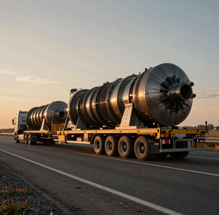 Low-angle wide shot of a massive multi-axle hydraulic trailer carrying a 100-ton industrial turbine on an empty highway during golden hour, cinematic industrial photography, deep steel and amber tones.