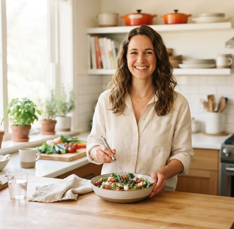 A smiling woman standing in a bright home kitchen, natural window light, warm optimistic tones, shallow depth of field, 50mm lens.