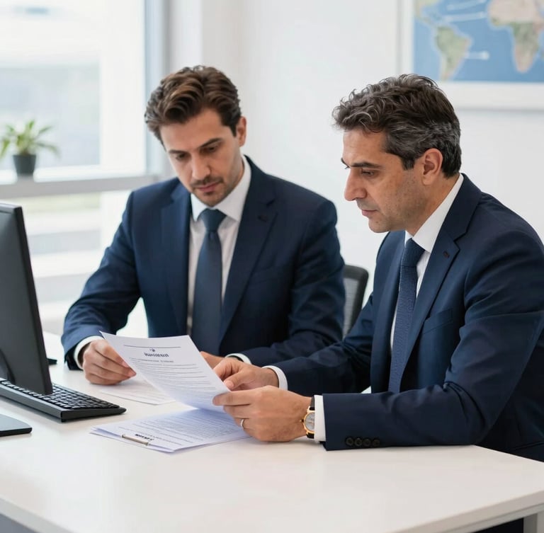 Bright professional Istanbul office, certified advisors in deep navy suits reviewing official Turkish residency documents on a clean white desk, natural daylight, sharp focus, corporate editorial photography