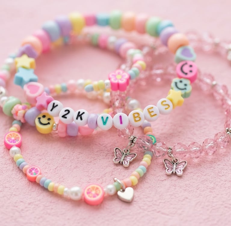 Macro product close-up of colorful pastel Y2K beads and pink crystal bracelets on a soft pink background, bright studio lighting, 35mm