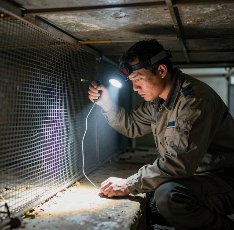 Action-oriented medium shot of a uniformed pest control technician installing heavy-duty steel mesh inside a low-lit crawlspace, focused headlamp beam illuminating the work area, clinical and precise.