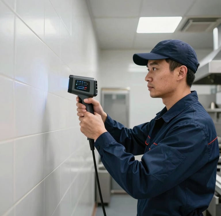 A professional pest control technician in a clean, dark blue uniform using a thermal imaging camera to scan a commercial kitchen wall, bright clinical lighting, side profile.