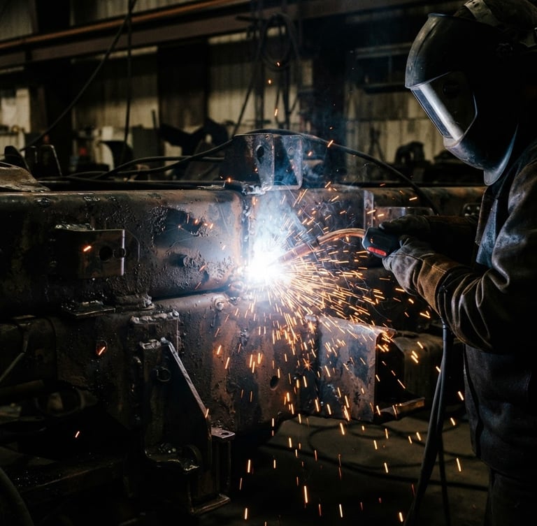 Close-up of a high-contrast industrial welding arc on a heavy-duty truck chassis, safety-orange sparks flying, dark metallic textures, sharp focus, 35mm