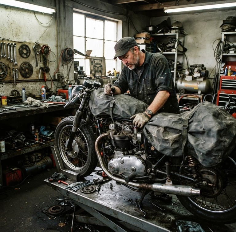 Gritty workshop interior, a mechanic inspecting a certified pre-owned motorcycle engine with a custom monsoon-ready textile cover draped over the seat, high-contrast garage lighting, sharp detail, industrial charcoal and safety orange tones, 35mm lens.