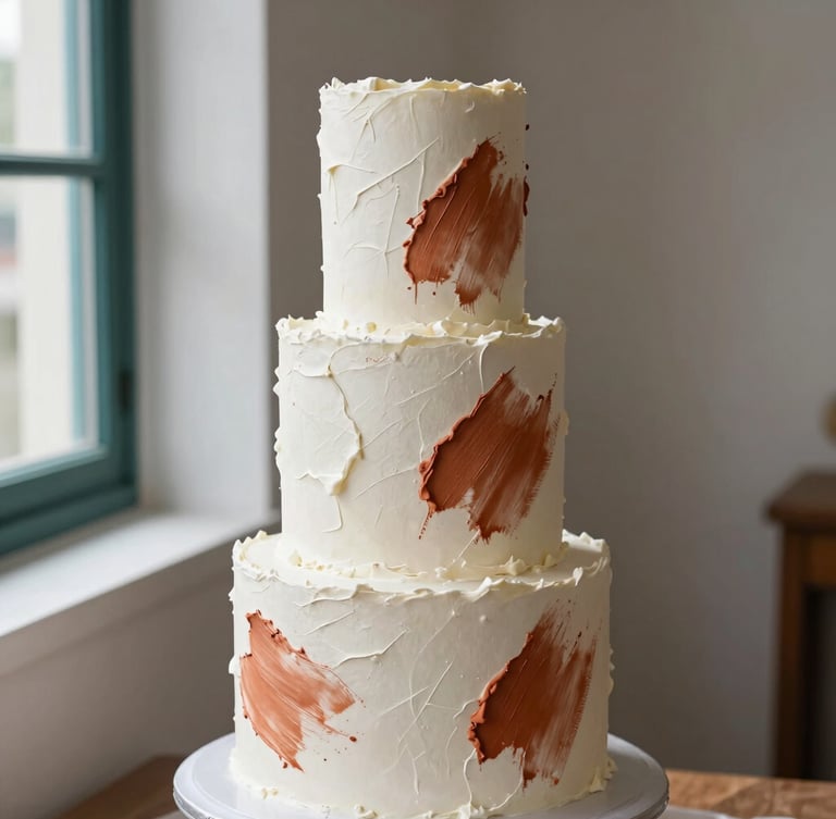 Editorial food photography of a minimalist, multi-tiered sculptural cake with textured white buttercream and organic terracotta brushstrokes, soft natural window light, elegant shadows, neutral background.