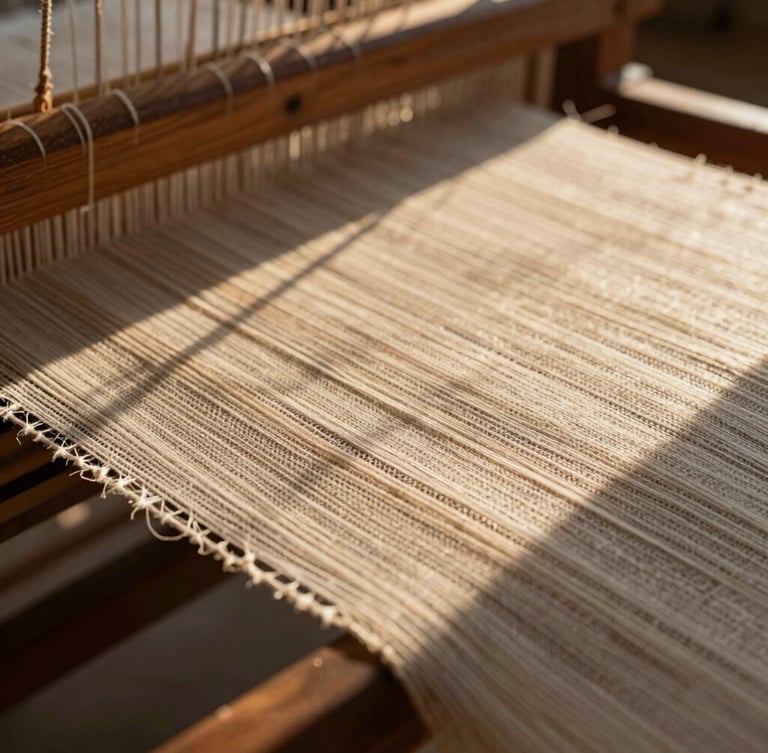 Extreme close-up of a heavy linen weave on a dark wooden loom, warm afternoon sunlight catching the textured fibers and loose threads, shallow depth of field.