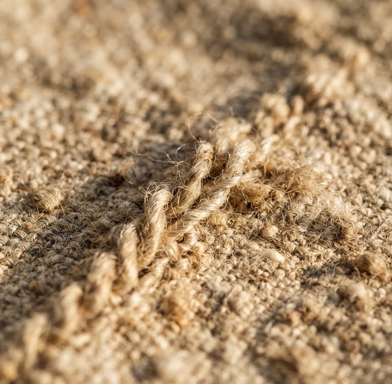 Macro close-up of heavy-weight unrefined oatmeal linen fabric, detailed raw weave texture, warm low-angle afternoon sunlight casting soft shadows