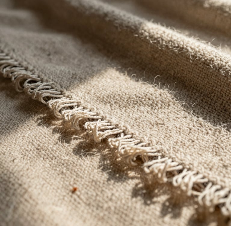 Macro detail of hand-finished frayed edges on raw wool blanket, low-angle afternoon sunlight, shallow depth of field, warm editorial photography.