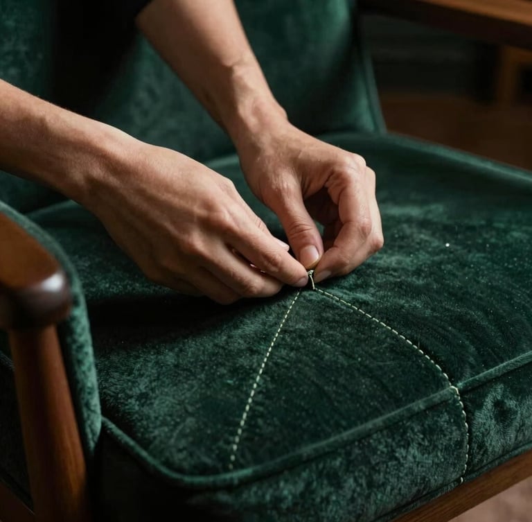 Extreme close-up of hands hand-stitching deep green velvet upholstery on a classic mid-century lounge chair, dramatic side lighting, rich textures, cinematic