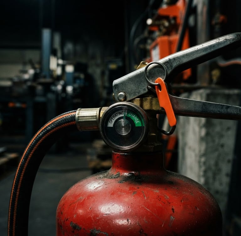 dark moody technical photography, high-contrast orange safety accents, close-up of a red fire extinguisher pressure gauge showing green zone, dramatic low-key lighting, 50mm
