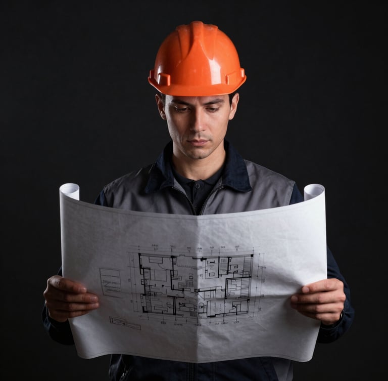 dark moody portrait of a technical building inspector holding architectural blueprints, low-key lighting, orange safety helmet visible, professional and authoritative style, 50mm