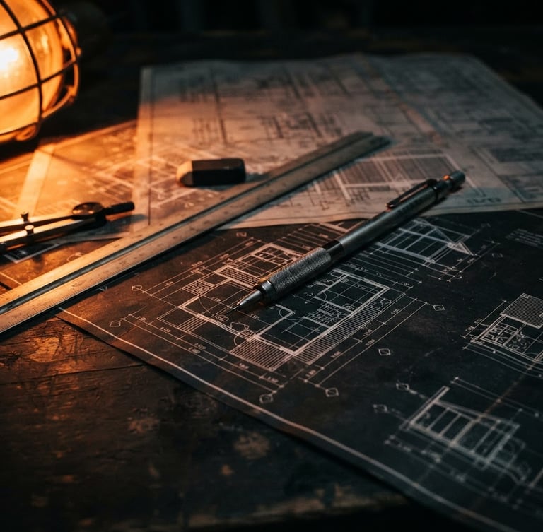 Macro shot of technical architectural blueprints on a dark table, focused on a mechanical pencil and drafting tools, high-contrast warm orange safety light from the side, 50mm