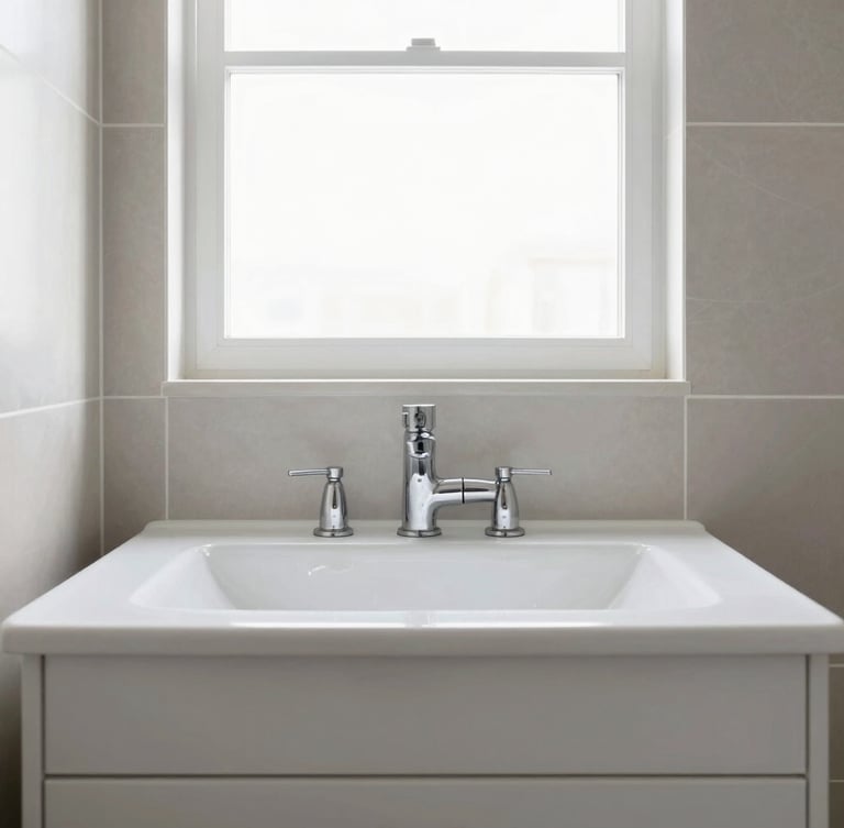 Straight-on architectural photograph of a modern bathroom vanity, flawless neutral tiling joints, bright natural window light, sharp focus, 35mm lens