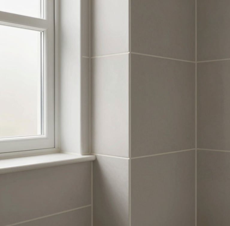 Straight-on architectural detail shot of flawless mitred tiling joints in a newly renovated neutral-toned bathroom, bright natural window light, sharp focus.