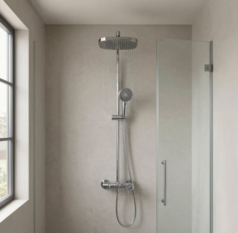 Straight-on architectural shot of a modern tanked wet room with a rain shower head, clean glass panel, soft warm-grey tones, bright natural light.